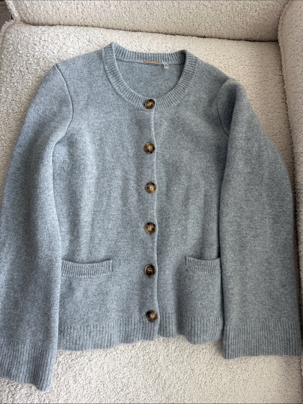 Elie Tahari Light Gray Button Front Crewneck Cardigan Bell Sleeve Size M